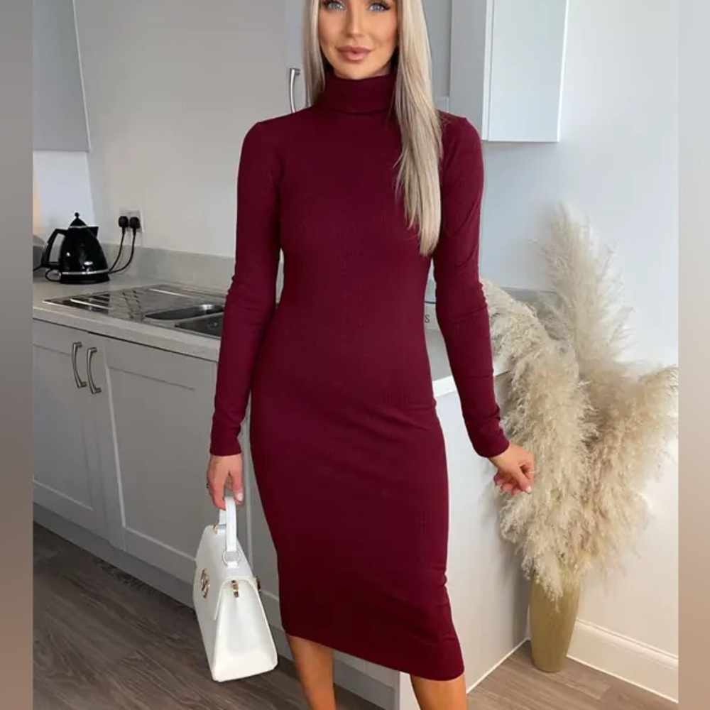 Express turtleneck long sleeve midi dress in burgundy